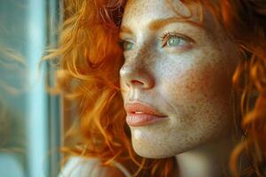 ai généré femme avec frisé rouge cheveux et taches de rousseur à la recherche en dehors de une fenêtre, avec Naturel lumière moulage une chaud lueur sur sa visage photo