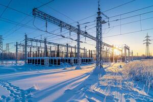 ai généré haute Tension Puissance lignes avec une complexe acier structure sur une clair journée photo