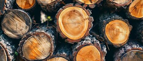 ai généré fermer vue de empilés bois journaux, mise en évidence le complexe p photo