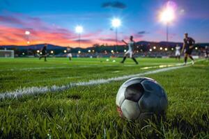 ai généré fermer de une football Balle sur une luxuriant vert champ, avec joueurs et stade lumières flou dans le Contexte à crépuscule photo