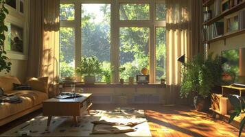spacieux vivant pièce avec abondant meubles et Naturel lumière photo