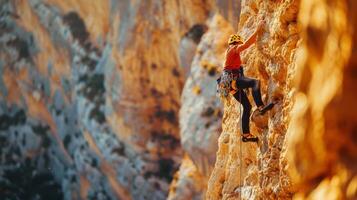 femme escalade en haut le côté de une falaise photo