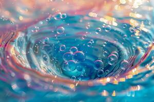 ai généré photo de une tourbillonnant mélanger de pastel bleu et rose couleurs avec une rêveur effet et flottant bulles tout au long de le composition.