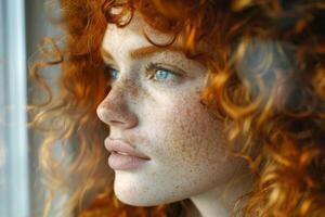 ai généré femme avec frisé rouge cheveux et taches de rousseur à la recherche en dehors de une fenêtre, avec Naturel lumière moulage une chaud lueur sur sa visage photo