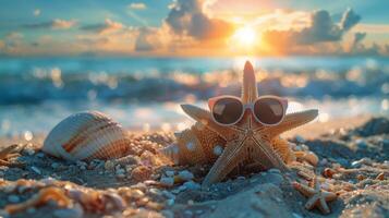 étoile de mer portant des lunettes de soleil sur plage à le coucher du soleil photo