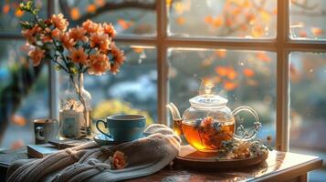 table avec thé pot et rempli de plantes tasses photo