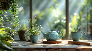 table avec thé pot et rempli de plantes tasses photo