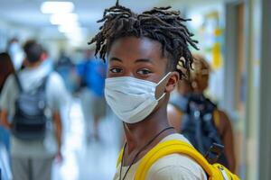 ai généré Jeune étudiant avec une brillant sourire portant une blanc visage masque et porter une Jaune sac à dos, permanent dans une école couloir avec autre élèves dans le Contexte photo