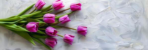 ai généré bouquet de violet tulipes mensonge sur une peint blanc Contexte. photo