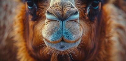 proche en haut de une chameaux visage avec bleu yeux photo