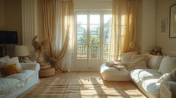 moderne vivant pièce avec blanc canapé et couvertures photo