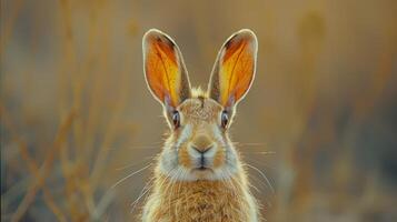 proche en haut de une lapins visage sur gris Contexte photo