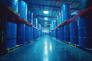 ai généré à l'intérieur une spacieux Distribution centre avec plusieurs bleu industriel tambours sur palettes, le scène baigné dans le bleu teinte de le ambiant entrepôt lumière. photo