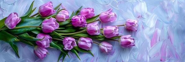 ai généré bouquet de violet tulipes mensonge sur une peint blanc Contexte. photo