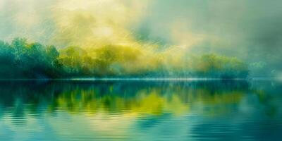 ai généré brumeux Lac lever du soleil reflétant sur tranquille des eaux photo
