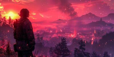 ai généré fantaisie soldat regarder à une ville englouti dans rouge brouillard et braise photo