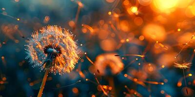 ai généré pissenlits se prélasser dans le enchanteur lueur de coucher de soleil, avec leur délicat des graines allumé en haut comme minuscule étoiles photo