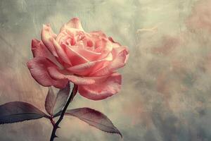 ai généré une magnifiquement rendu rose Rose avec une ancien ressentir des stands solo sur une richement texturé artistique toile, exsudant vieux monde charme photo