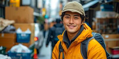 ai généré une de bonne humeur Jeune homme avec une Jaune veste et casquette sourit chaleureusement, avec le animé ville rue comme une toile de fond photo