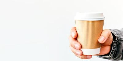 ai généré une les personnes main saisissant une marron papier café tasse avec une blanc couvercle, symbolisant Urbain mode de vie et respectueux de la nature les choix photo