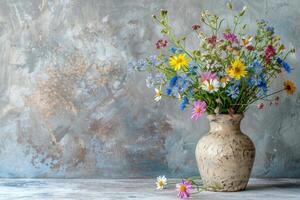 ai généré fleurs sauvages de divers teintes Floraison vibrante dans une classique céramique vase contre une texturé, peint mur. photo