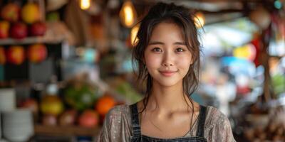 radiant Jeune femme dans fruit marché avec chaud sourire photo