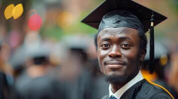 homme dans l'obtention du diplôme casquette et robe permanent fier photo