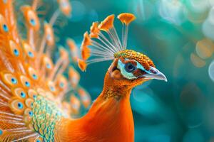 majestueux Orange paon affichage vibrant plumage contre sarcelle Contexte photo