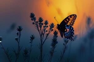 silhouette de une papillon sur fleurs sauvages à le coucher du soleil photo