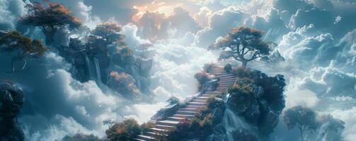 mystique escalier à paradis au milieu de majestueux des nuages et des arbres photo