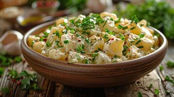 en bois bol rempli avec Patate salade sur table photo