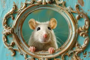 curieuse rat furtivement par ancien Cadre sur sarcelle mur photo