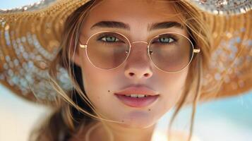 femme portant paille chapeau et des lunettes photo