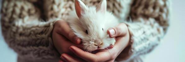 soumissionner se soucier de une blanc duveteux lapin dans chaud Humain mains photo