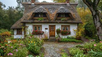 chaume toit maison entouré par fleurs photo