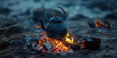 thé bouilloire suivant à feu de camp photo
