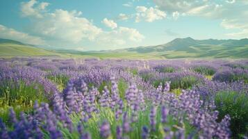 lavande fleurs dans champ en dessous de nuageux ciel photo