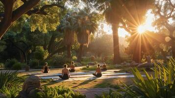 groupe de gens séance dans une parc Faire yoga photo