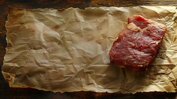 brut Viande sur une Coupe planche avec herbes et poivre photo