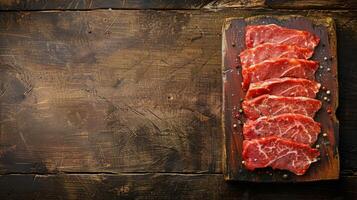 brut Viande sur une Coupe planche avec herbes et poivre photo