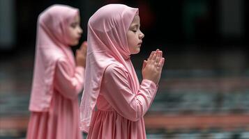 Jeune les filles dans rose hijabs prier pacifiquement en plein air photo