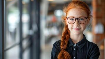 roux fille dans lunettes, à la recherche content et confiant. photo