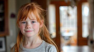 portrait de une souriant rousse fille à l'intérieur photo