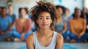 Jeune femme pratiquant pleine conscience dans groupe méditation session photo