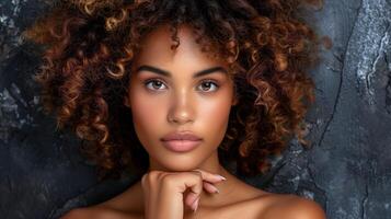 portrait de une Jeune femme avec frisé cheveux photo