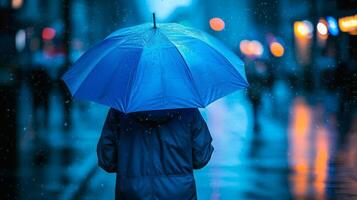 solitaire piéton avec bleu parapluie en marchant dans pluie à crépuscule photo