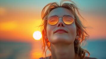 serein bord de mer le coucher du soleil portrait de une Jeune femme photo