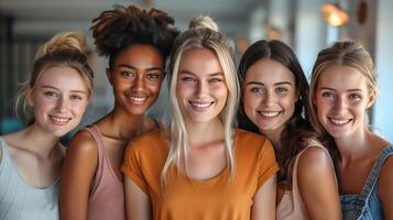 souriant groupe de diverse copains posant ensemble à l'intérieur photo