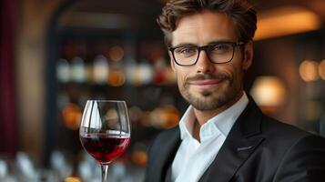 souriant homme en portant rouge du vin verre dans élégant réglage photo