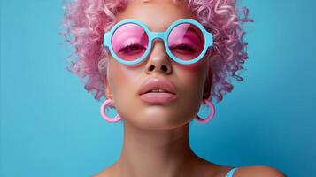 à la mode femme avec rose frisé cheveux et énorme des lunettes de soleil contre bleu Contexte photo